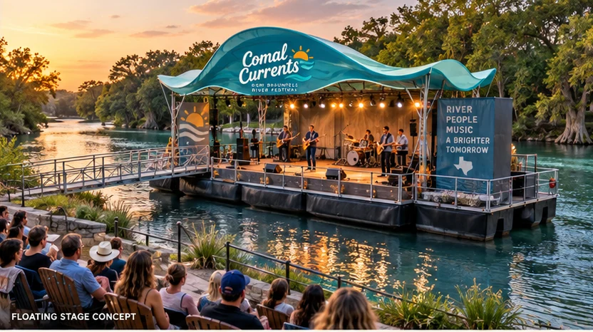Illustrative custom floating concert stage concept for Comal Currents